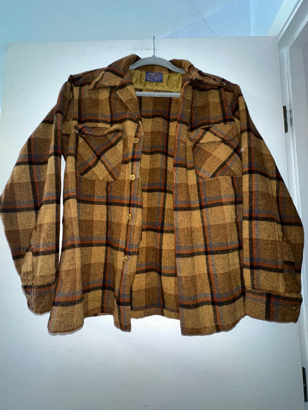 Vintage Pendleton Board Shirt Mens Large Brown Plaid Loop Collar Flap Pocket